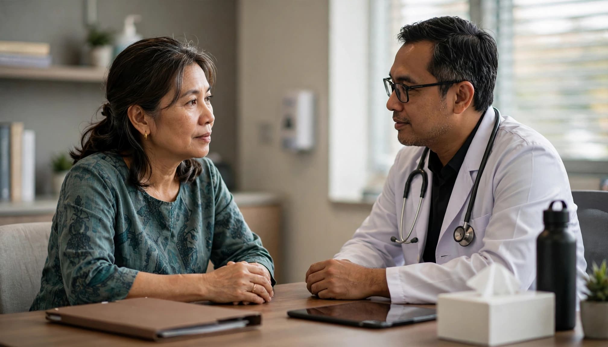 A woman and oncologist discuss testing across a consultation desk.