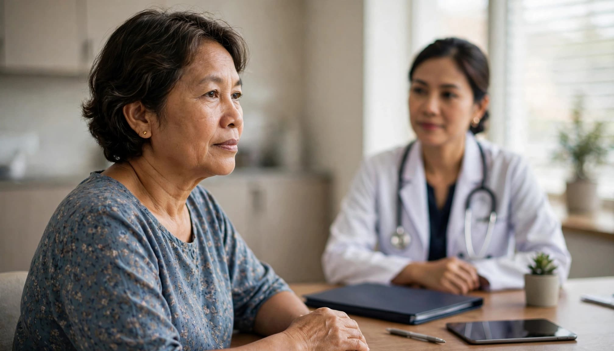 A woman speaks with an oncologist across a consultation desk.