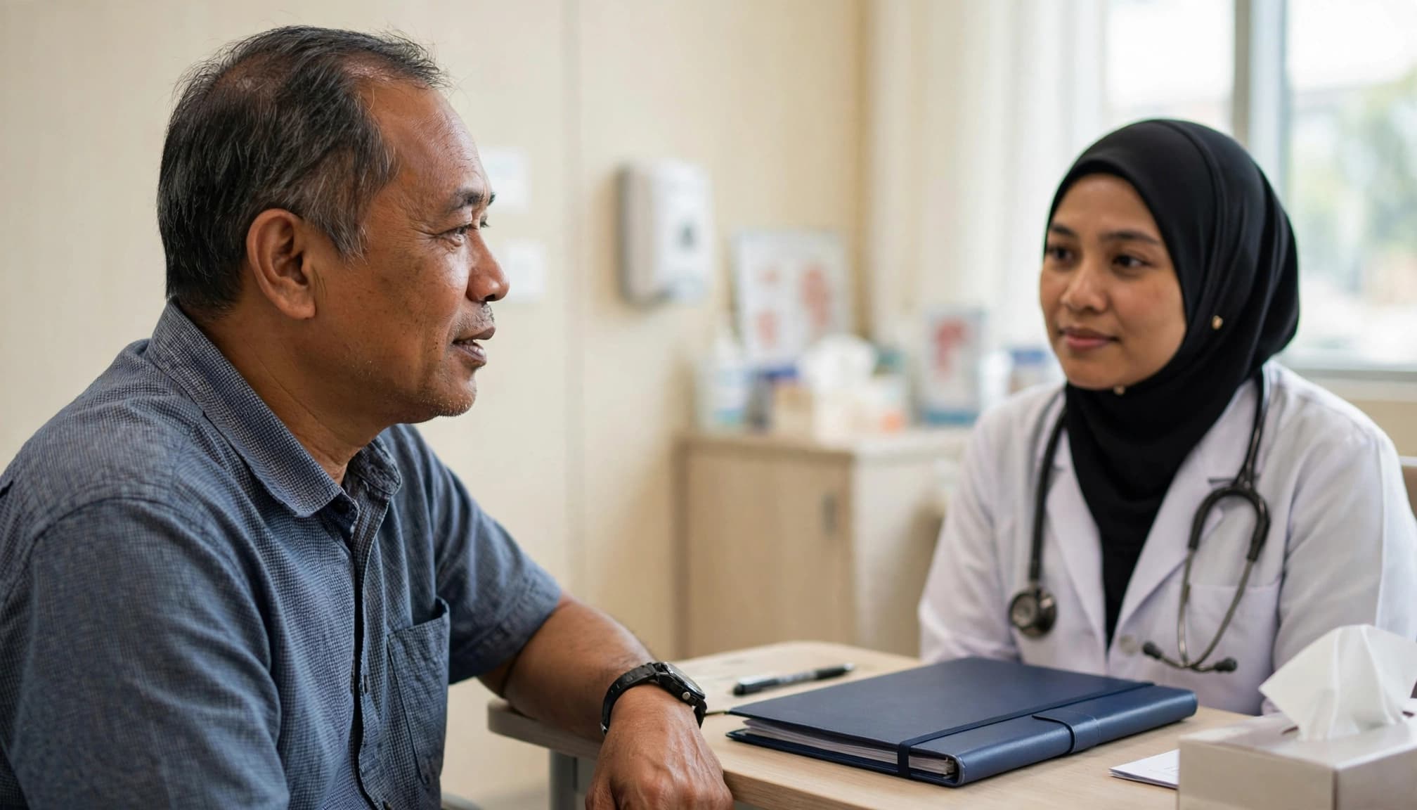 A patient and oncologist talk across a clinic table beside a closed folder.