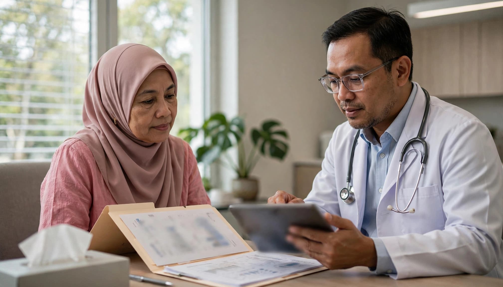 An oncologist and patient review a folder and tablet in a hospital consultation room.
