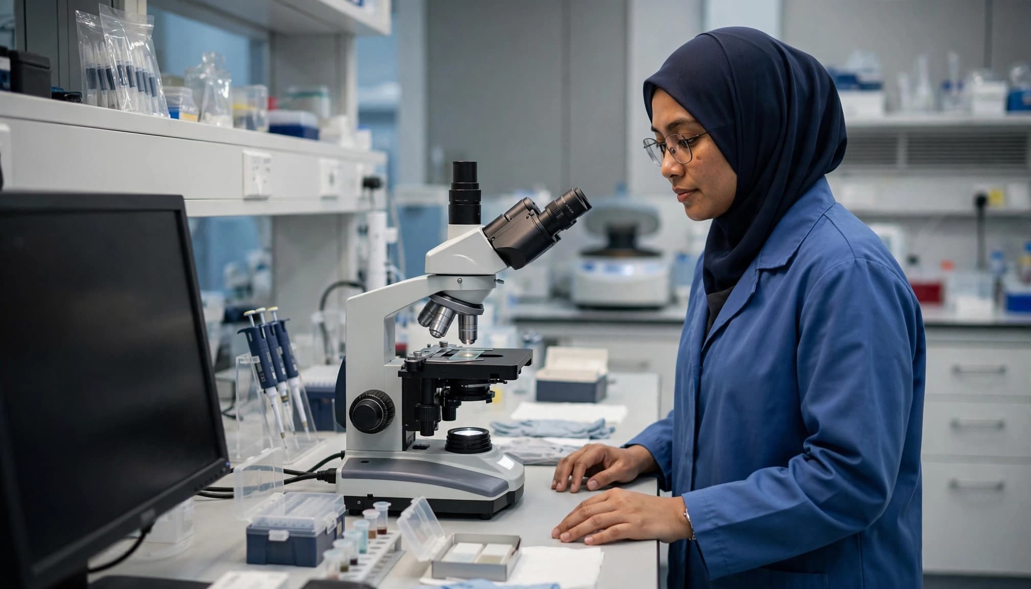 A Malaysian scientist reviews a tumour tissue slide beside a microscope in a clinical laboratory.