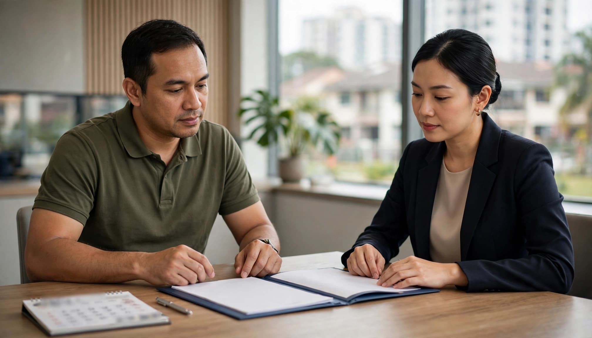 A homeowner and conveyancer review a folder and calendar at a meeting table.