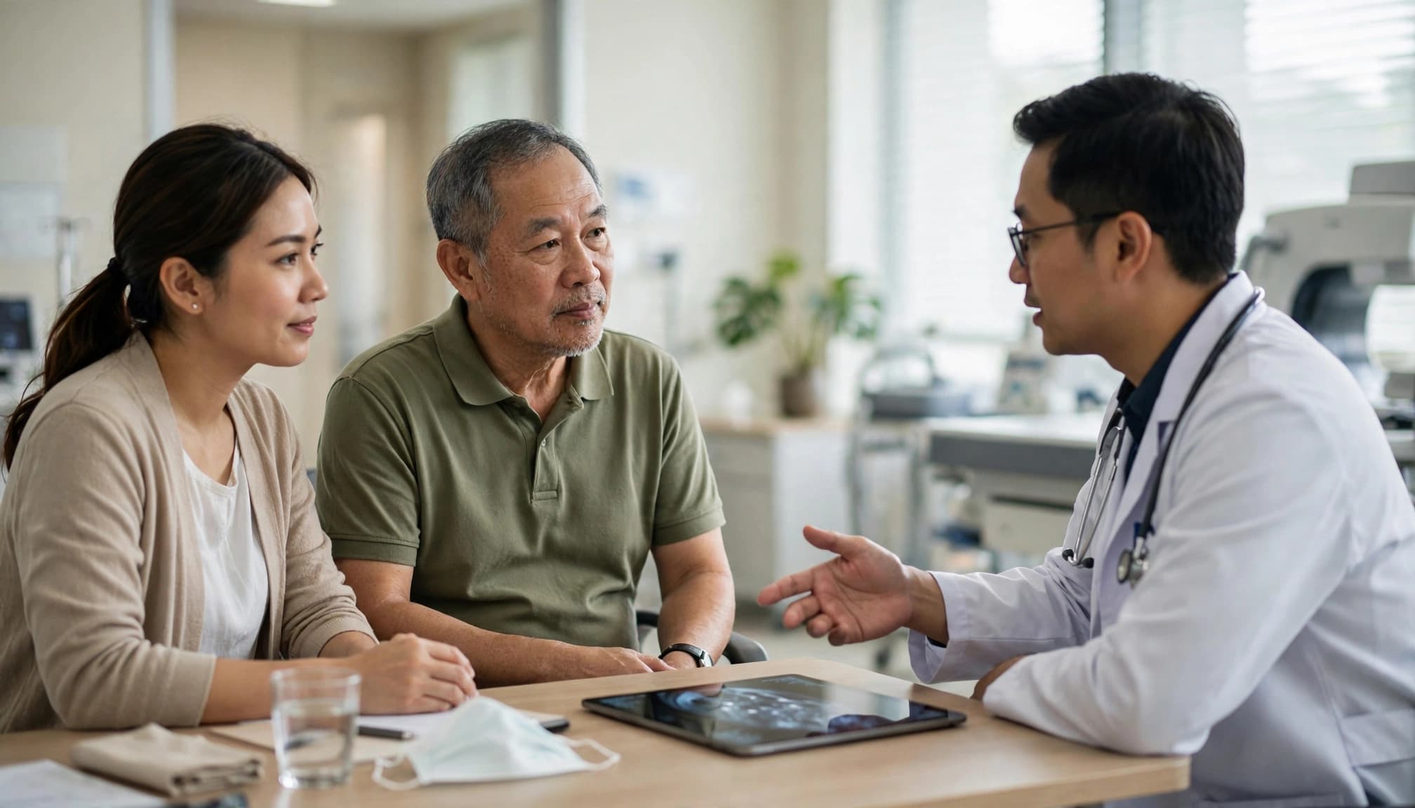 An older man and caregiver listen to a doctor discussing a scan.
