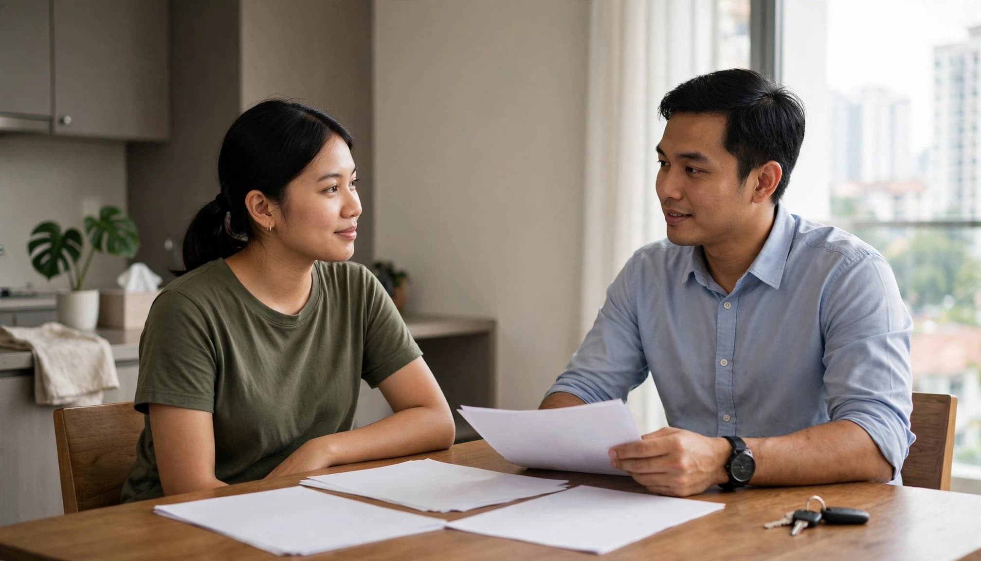 A tenant and agent review papers at a dining table beside a set of keys.