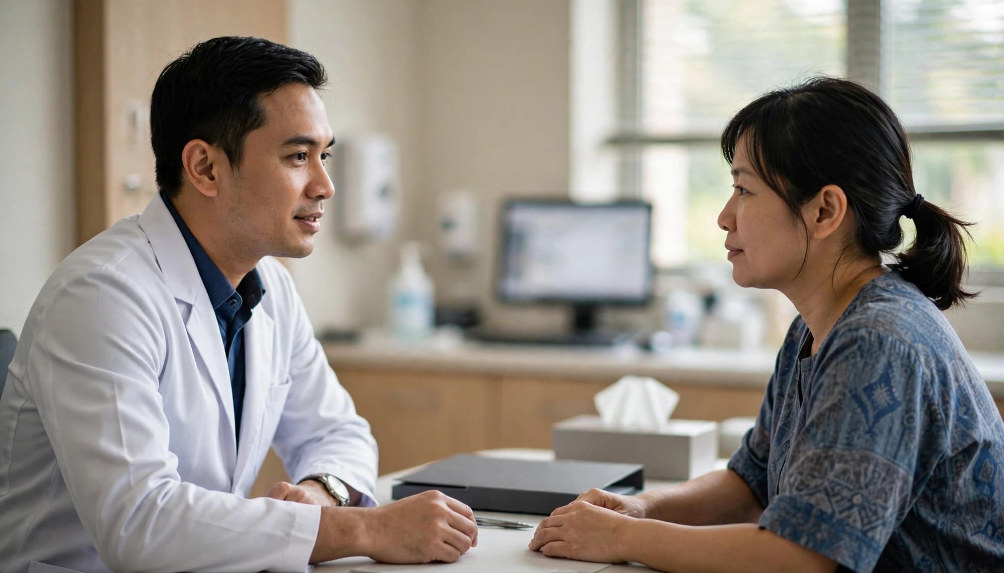 A Malaysian doctor discusses melanoma biopsy results with a patient in a bright consultation room.
