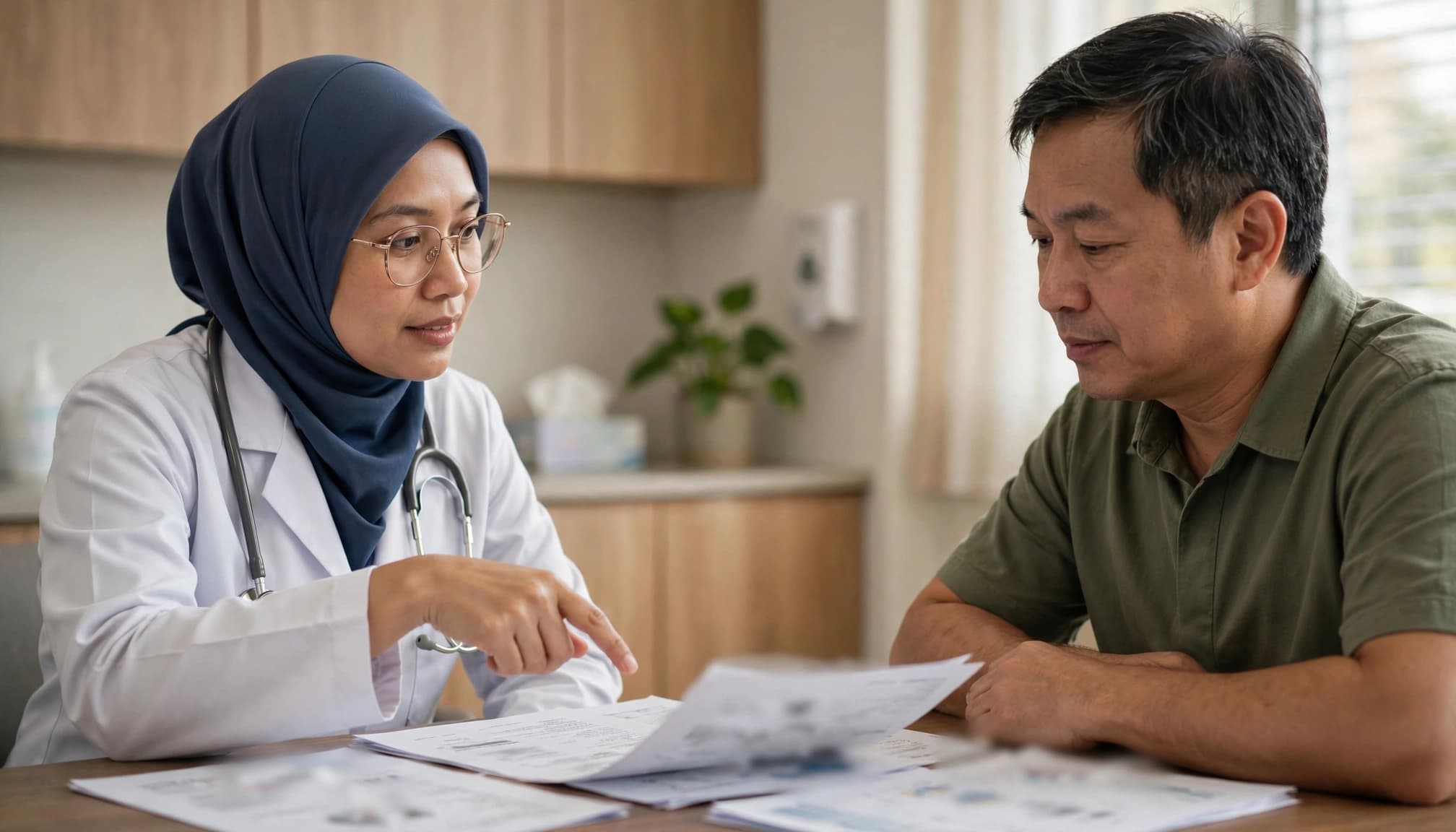 A hematologist discusses findings with a patient across a clinic table.