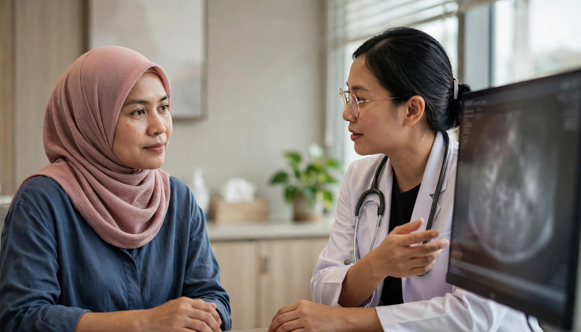 A patient listens to an oncologist discussing care in a hospital consultation room.