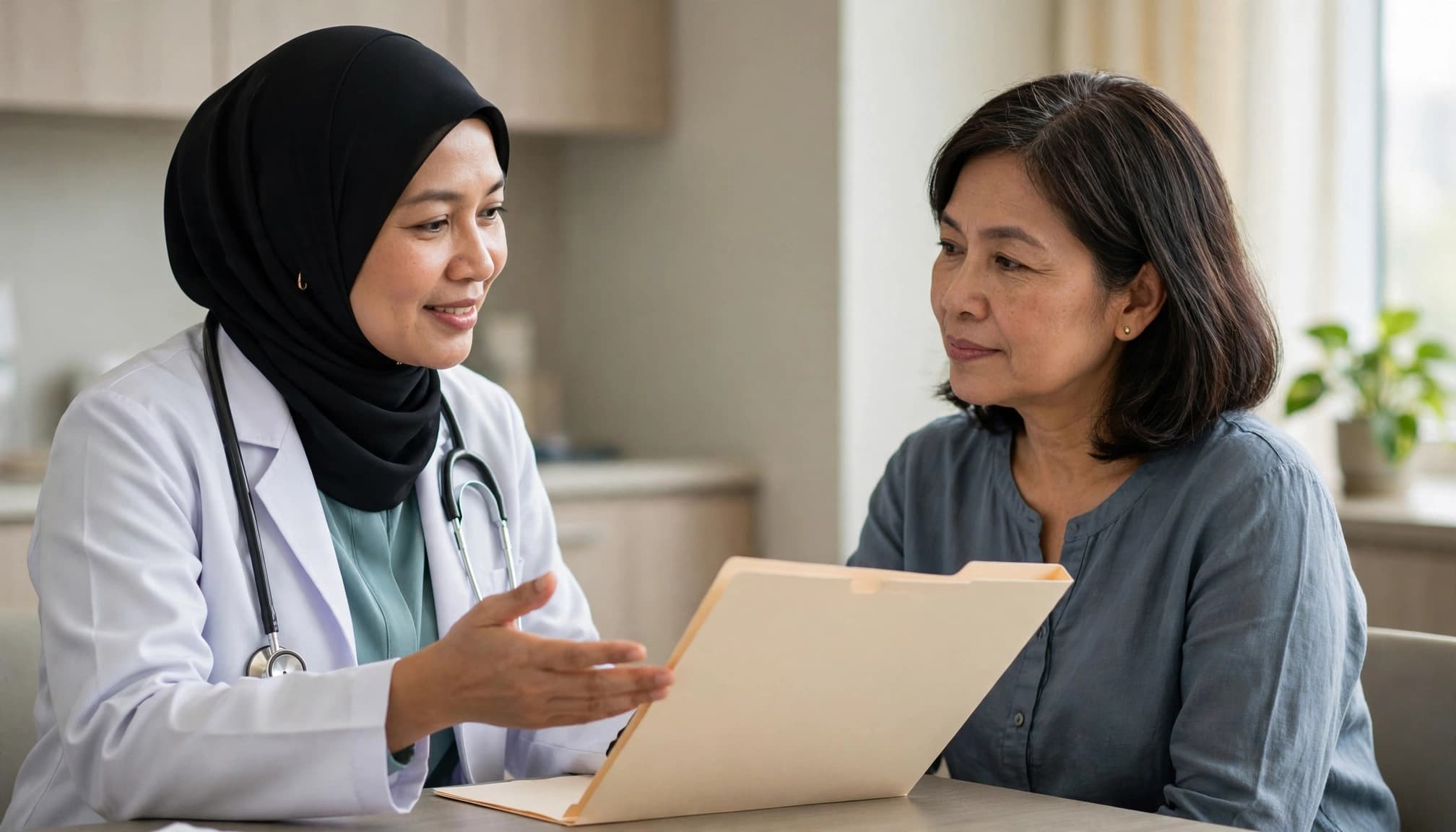 A Malaysian patient listens to an oncologist discussing a pathology folder.