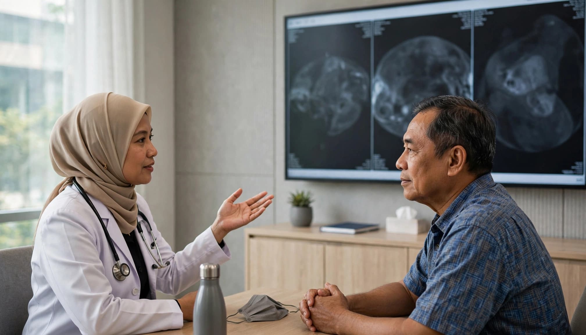 An oncologist and patient discuss scan images in a modern consultation room.
