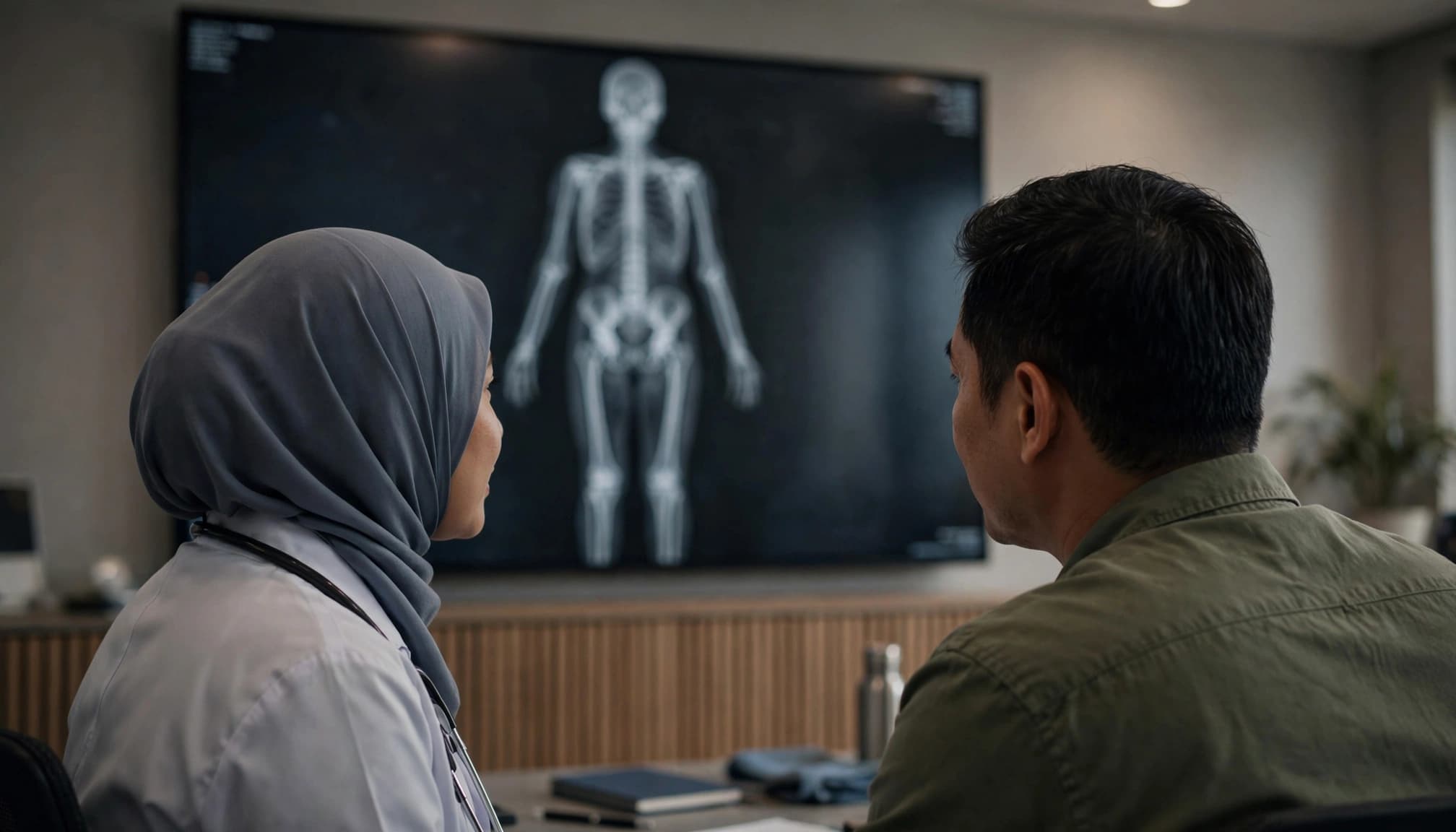 A radiologist and patient review a grayscale bone scan on a large screen.