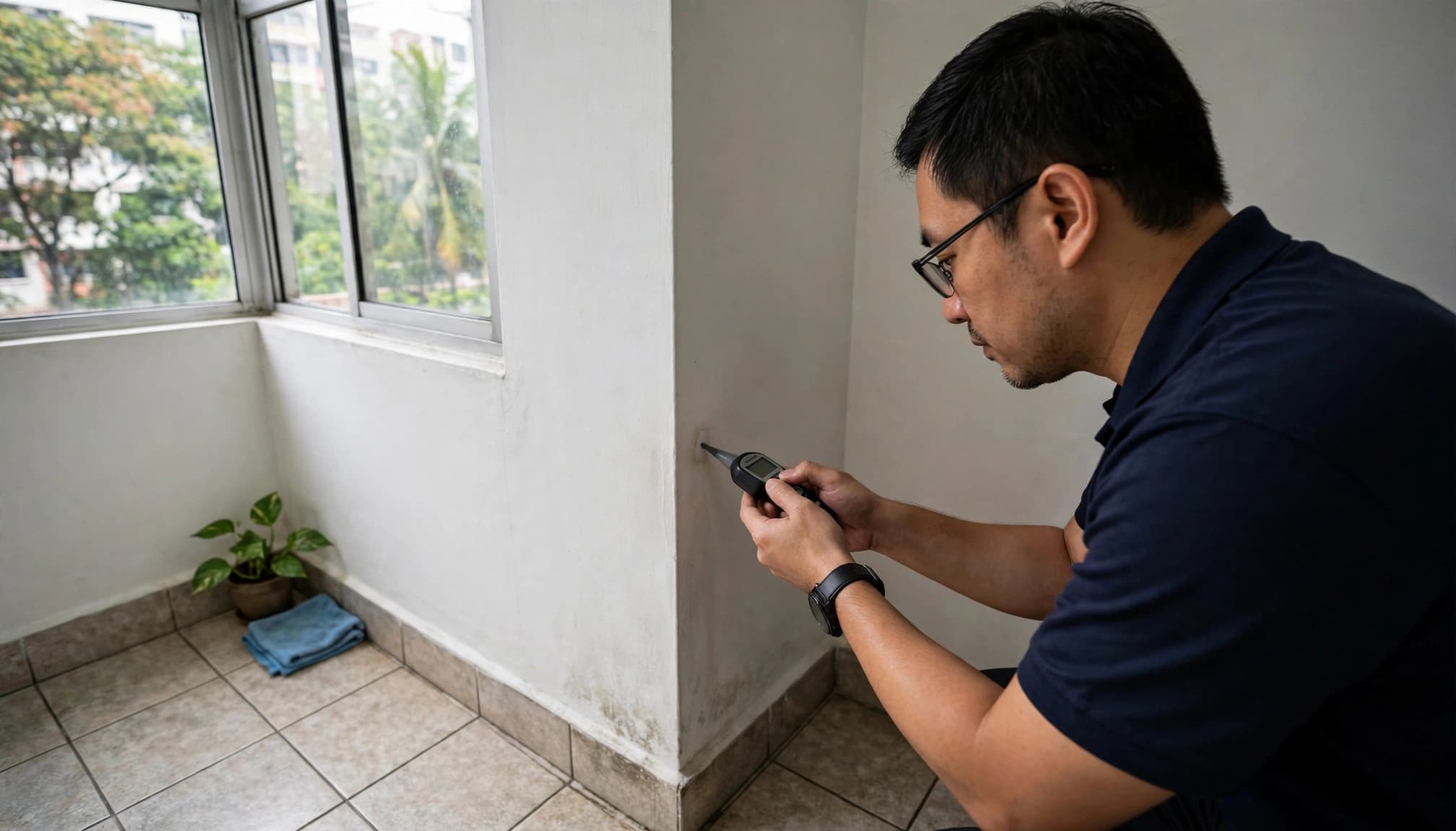 An inspector checks a wall beside a window with a handheld moisture meter.