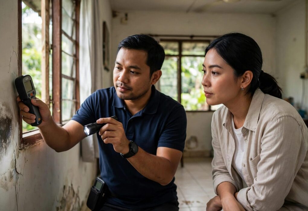 An inspector checks a damp wall beside a window as a buyer watches.