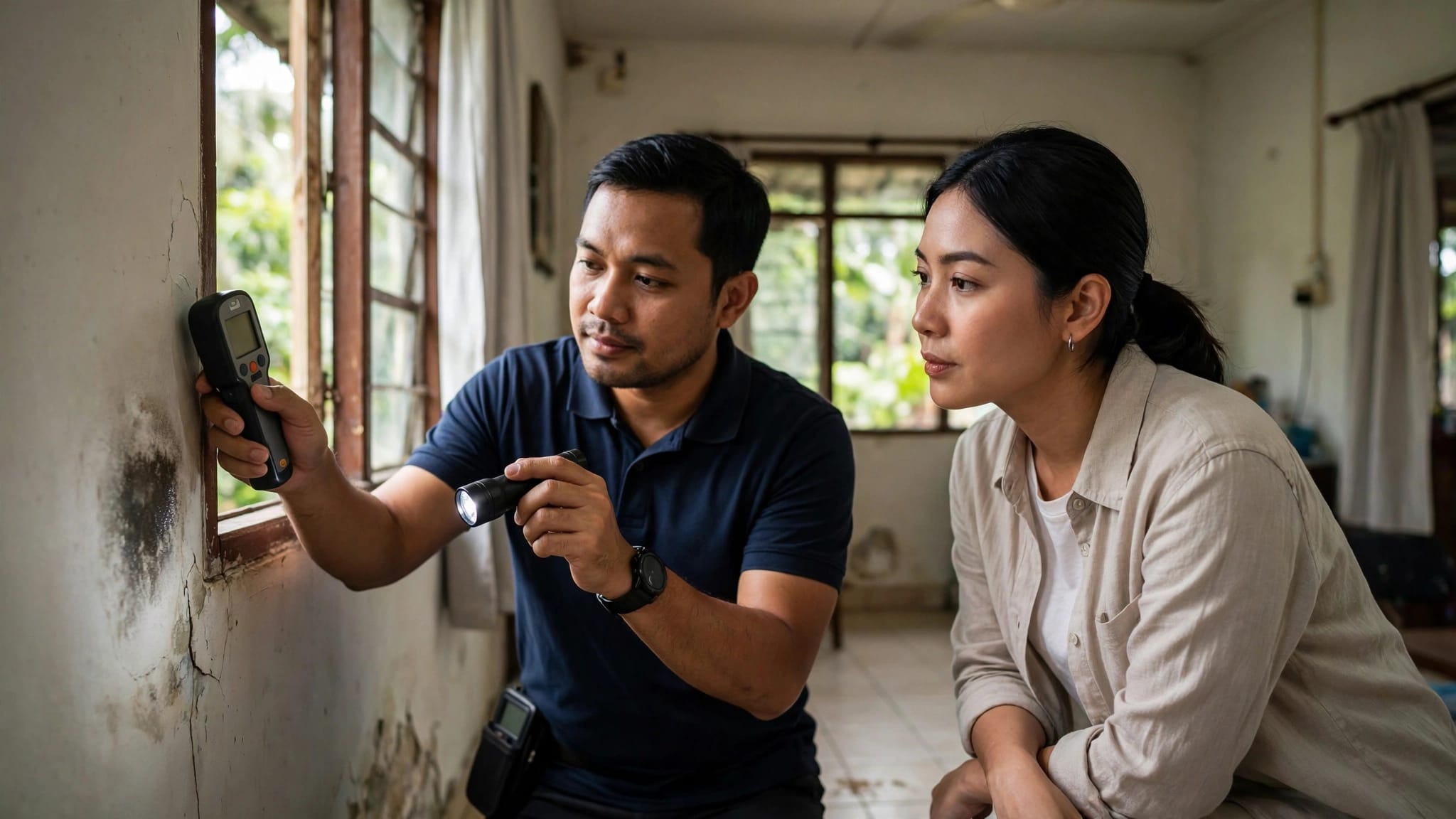 An inspector checks a damp wall beside a window as a buyer watches.