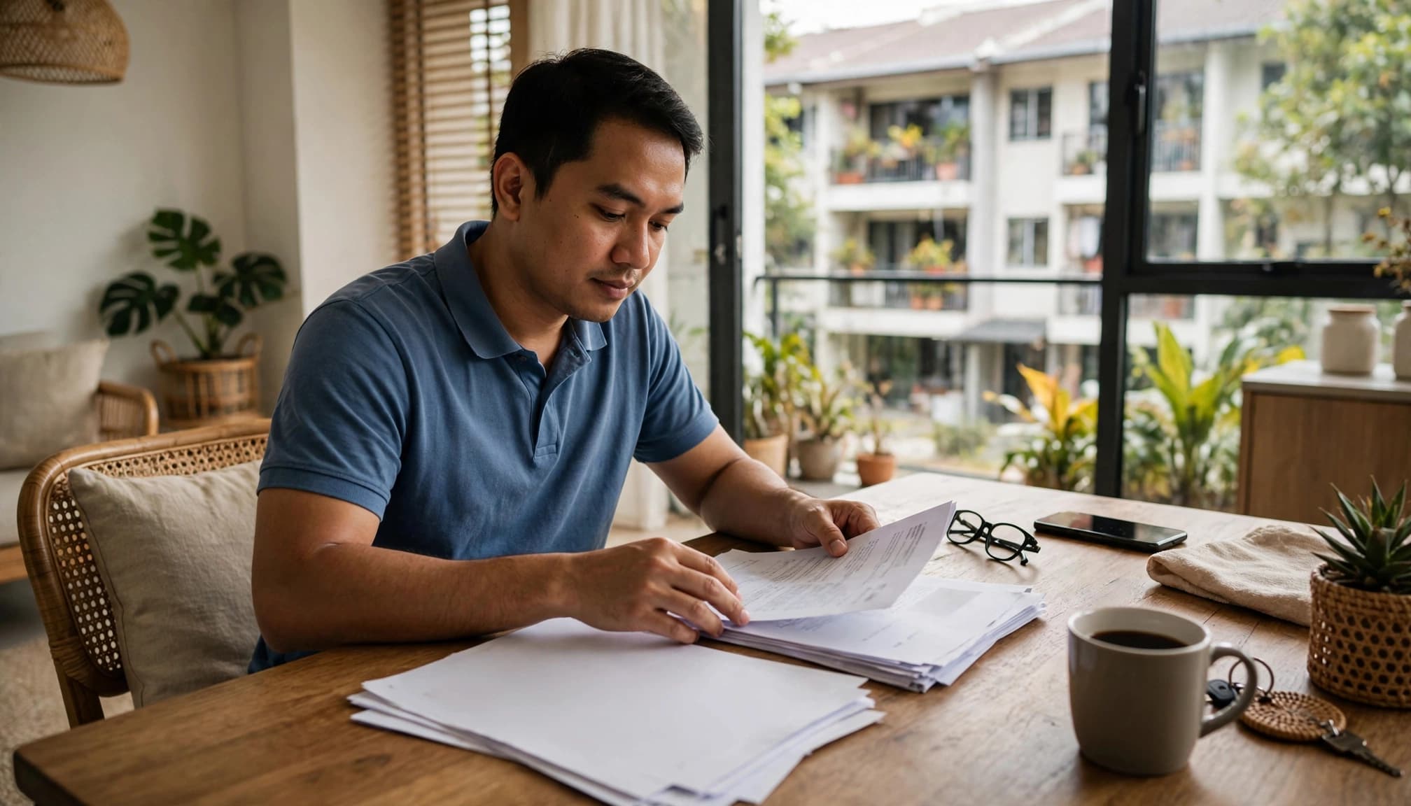 A man reviews documents at a wooden table in a bright apartment.