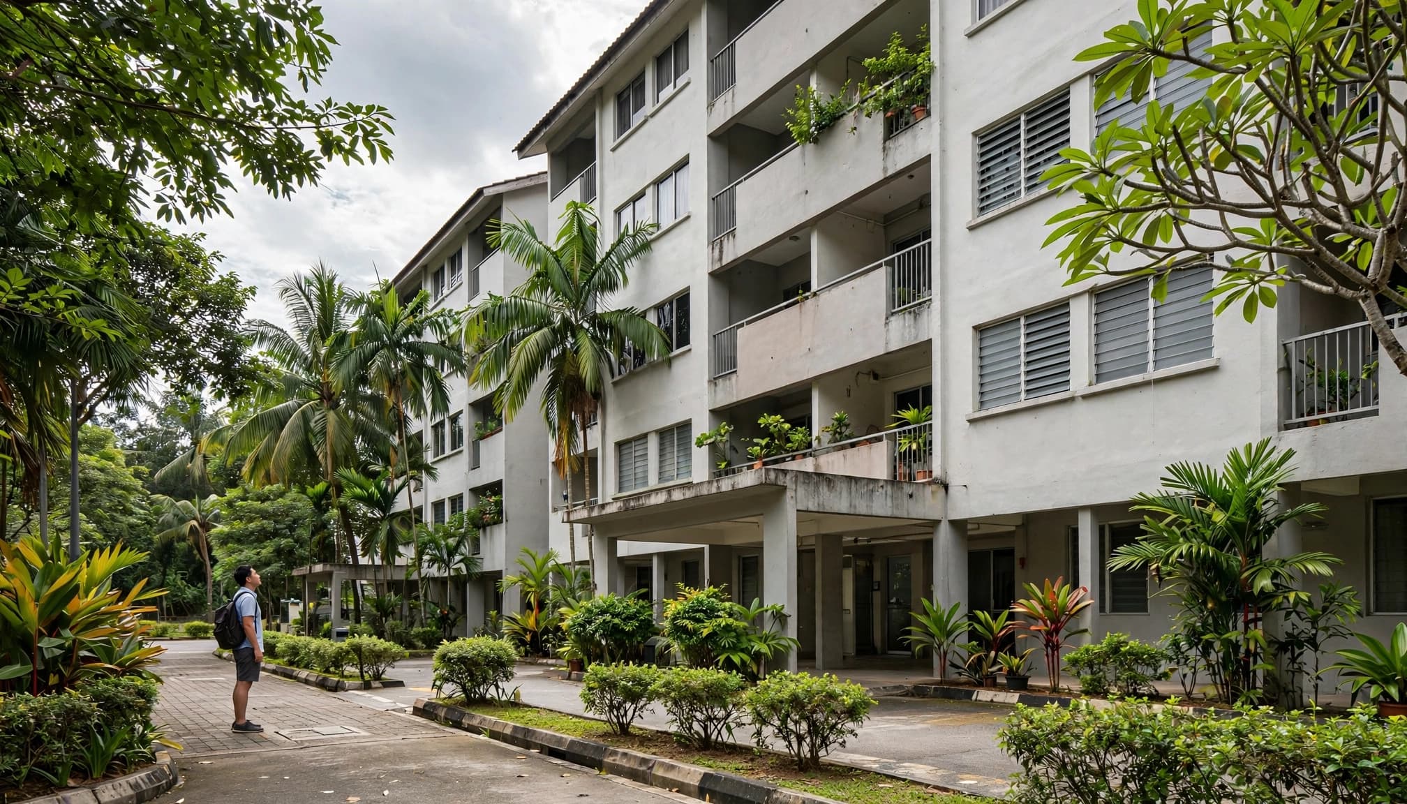 A person with a backpack stands on a walkway looking up at a residential apartment building surrounded by palm trees.