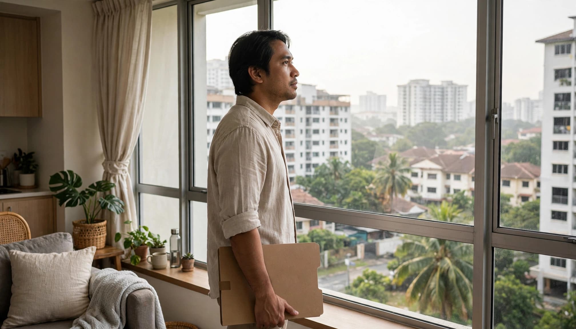 A man stands by a window in a bright apartment, holding a folder and looking out at city buildings.