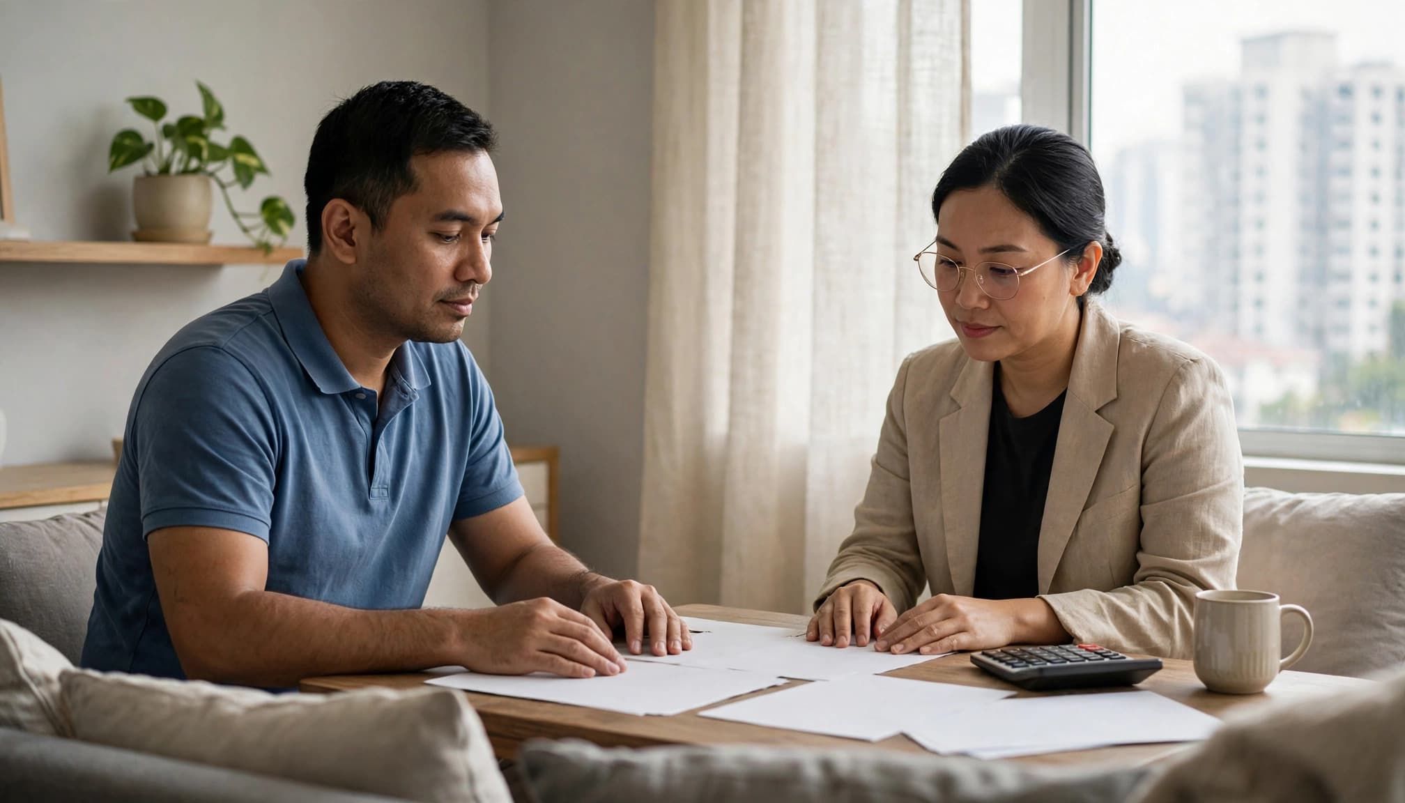 A man and woman review papers and a calculator at a table in a bright apartment.