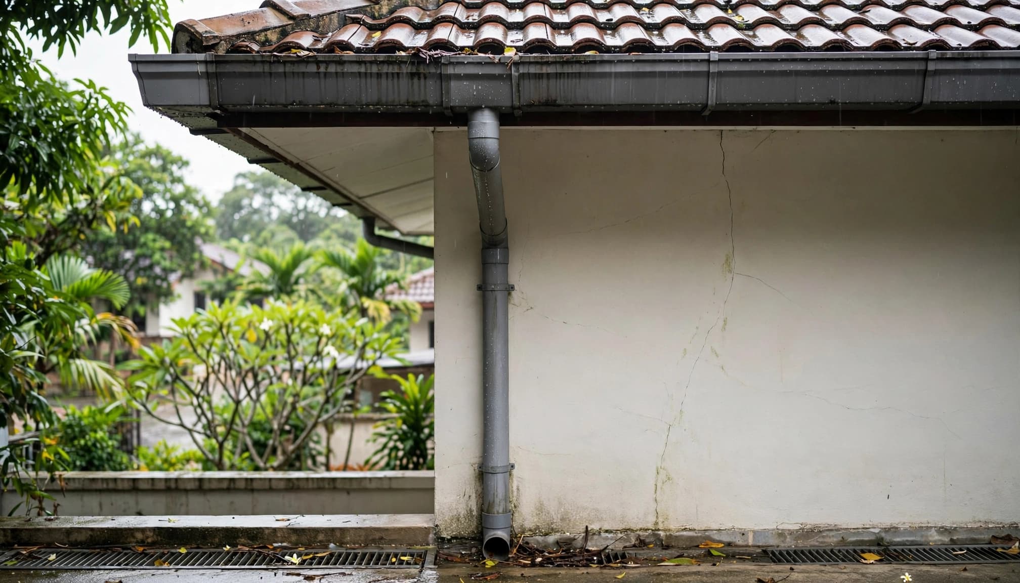 A terrace house with roof eaves, a downpipe, and a fine crack in the exterior wall after rain.