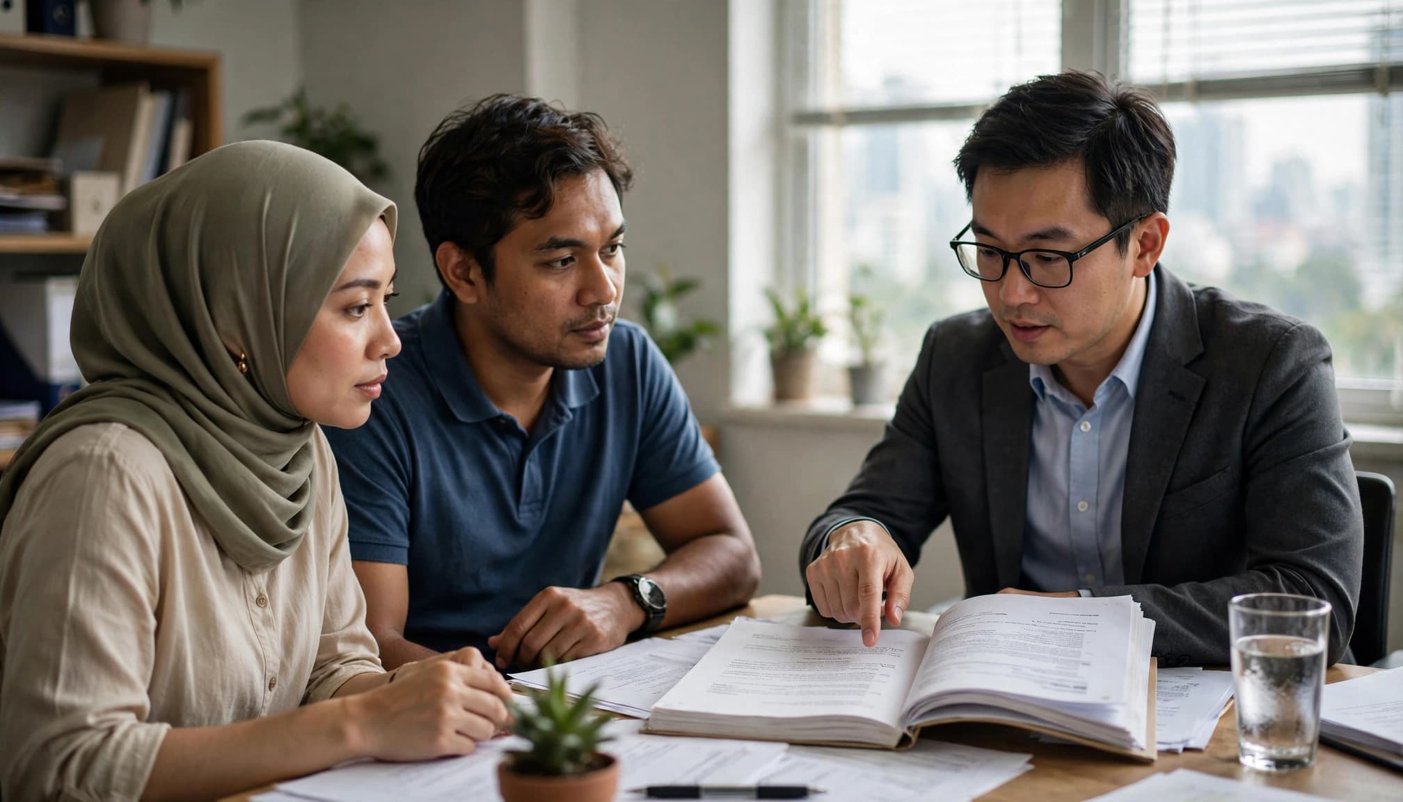 A lawyer points to a document as a Malaysian couple listens across the table.