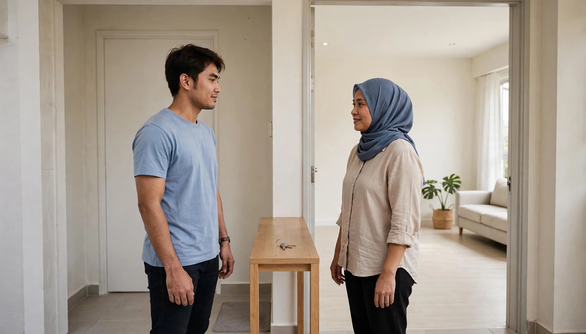 A tenant and property manager stand by a table with a key ring in a bright condo entrance.
