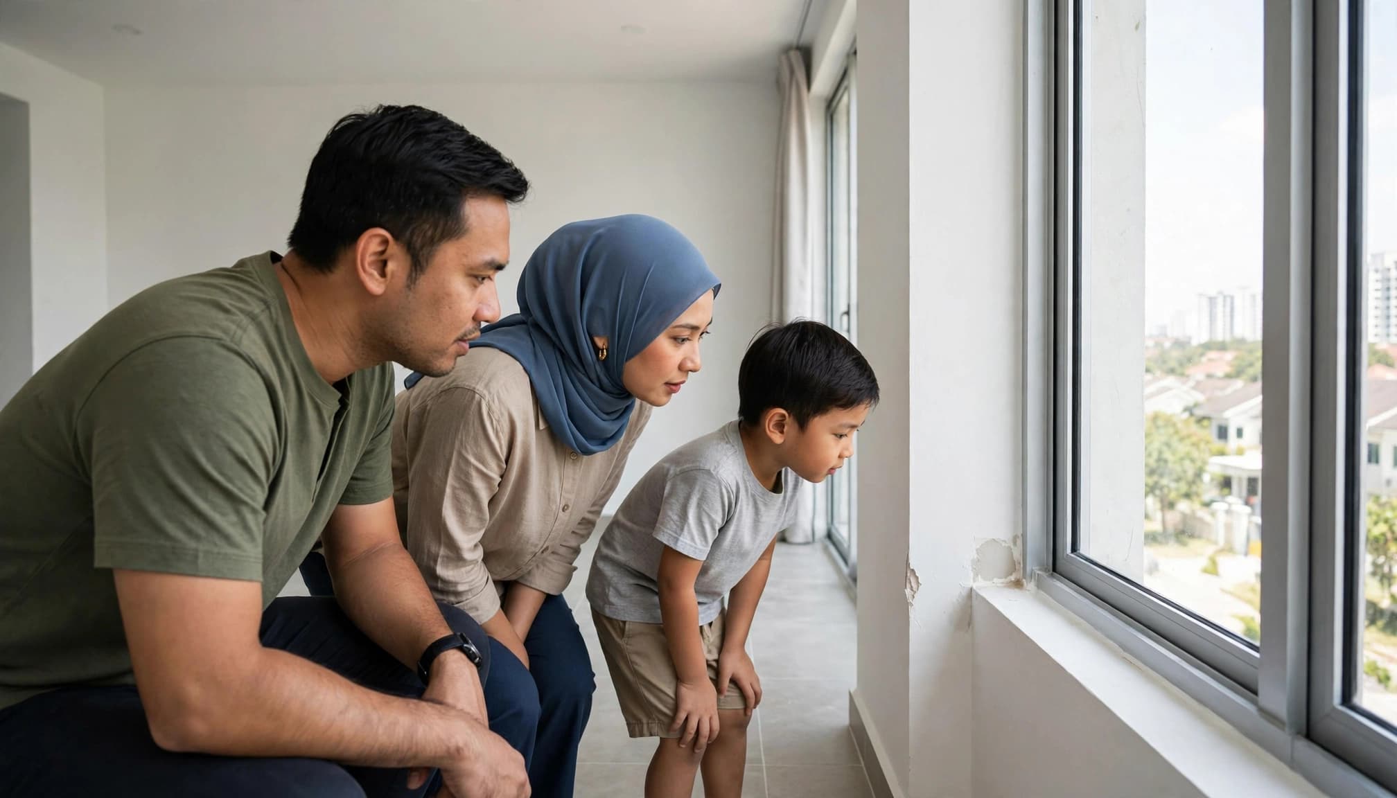 Two adults and a child inspect a wall beside a window in a bright living room.