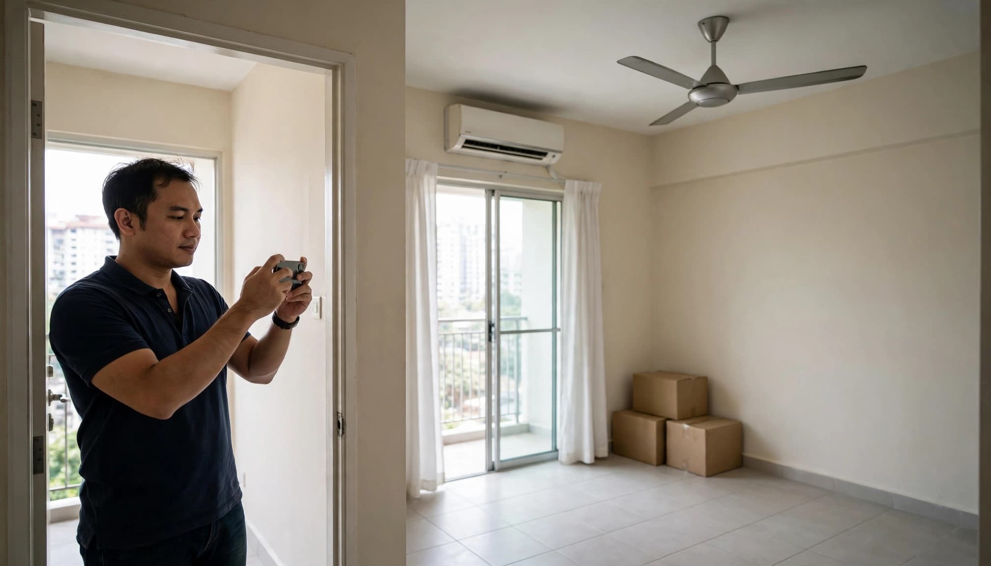 A tenant photographs an empty living room from the doorway, with packed boxes nearby.